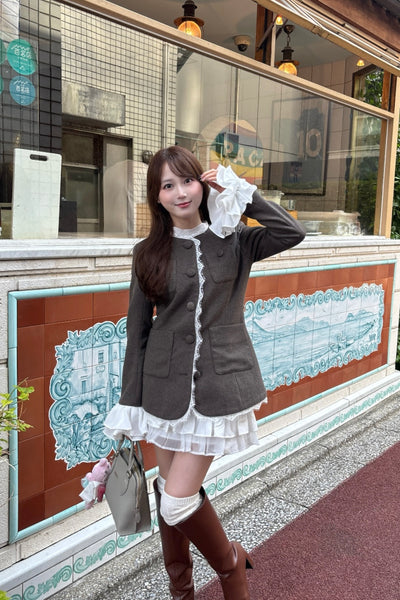 【10月中旬配送】Lace Trim Ruffle Sleeve Jacket