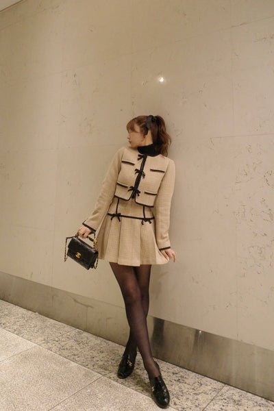 【11月下旬配送】Ribbon Lace Trimming Tweed Cropped Jacket