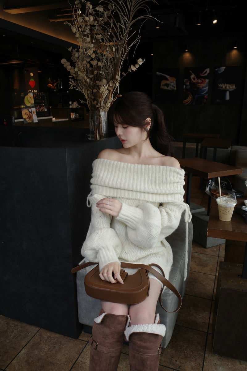 Sweet Ribbon Off-Shoulder Knit Dress