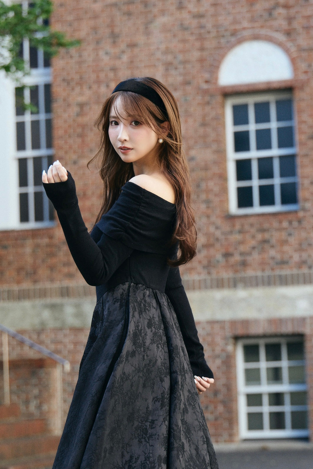 Off-Shoulder Knit & Jacquard Long Dress - MISTREASS