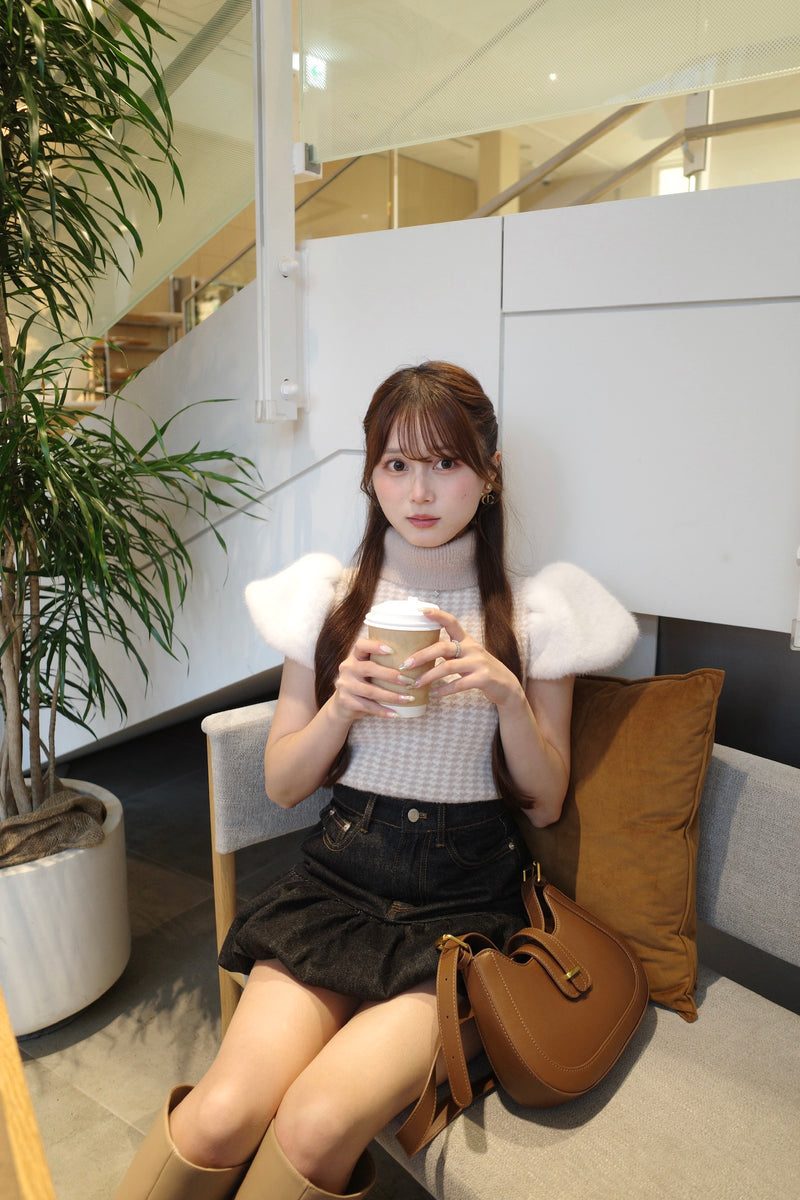 Fur Sleeve Houndstooth Knit Top