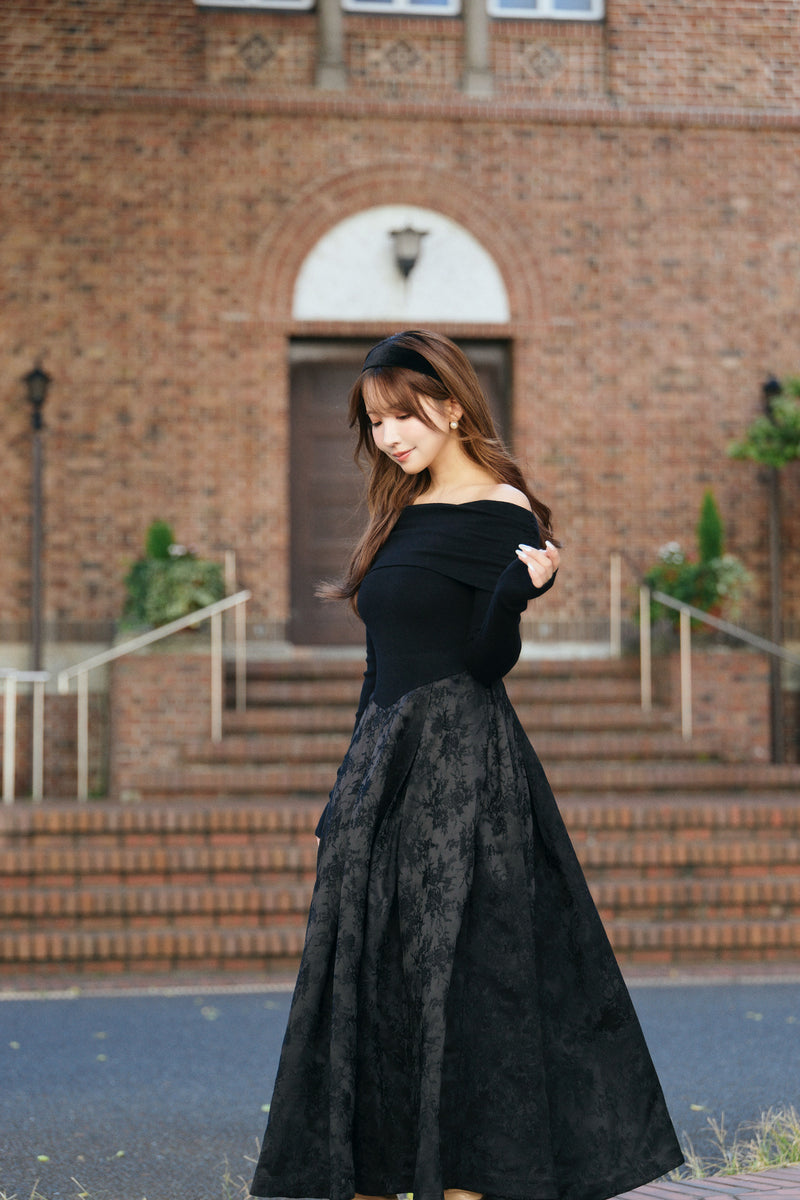 Off-Shoulder Knit & Jacquard Long Dress