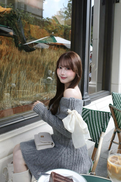 【10月上旬配送】Ribbon Off-Shoulder Cable Knit Dress