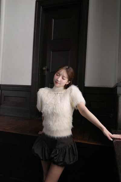 【10月上旬配送】Fluffy Ribbon Puff Knit Top