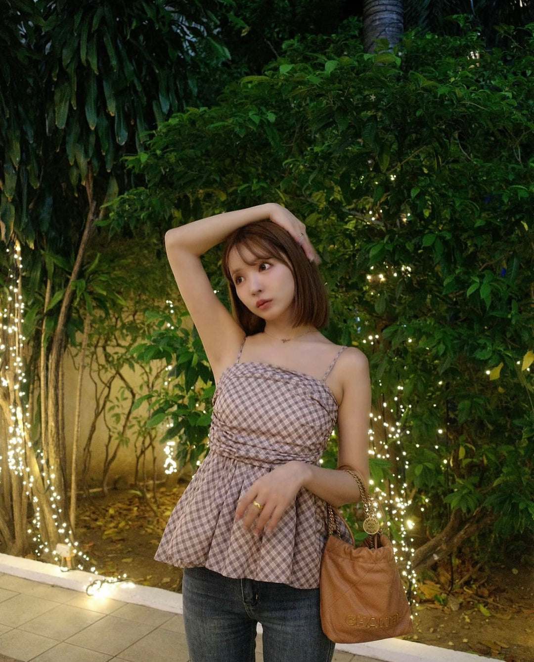 ミストレアス　Plaid Gathering Camisole Peplum Strap Spaghetti Top Tank Plaid Y2k Women Camisole Peplum トップス