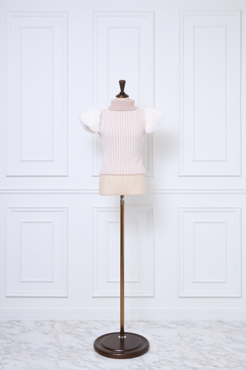 Fur Sleeve Houndstooth Knit Top