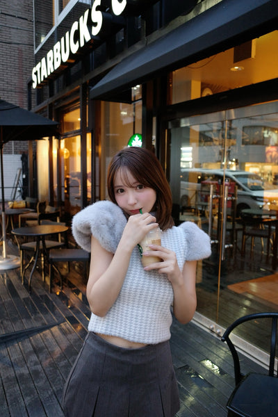 Fur Sleeve Houndstooth Knit Top