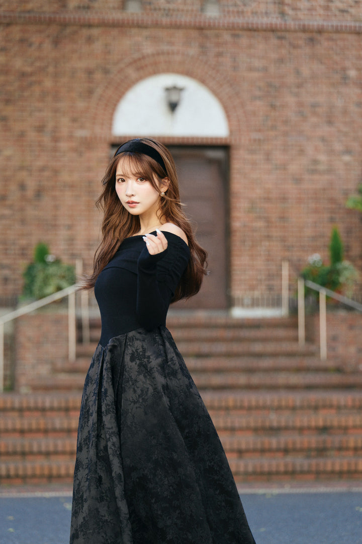 Off-Shoulder Knit & Jacquard Long Dress - MISTREASS