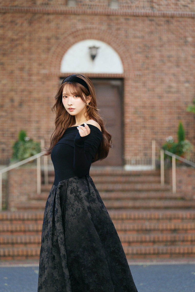 Off-Shoulder Knit & Jacquard Long Dress