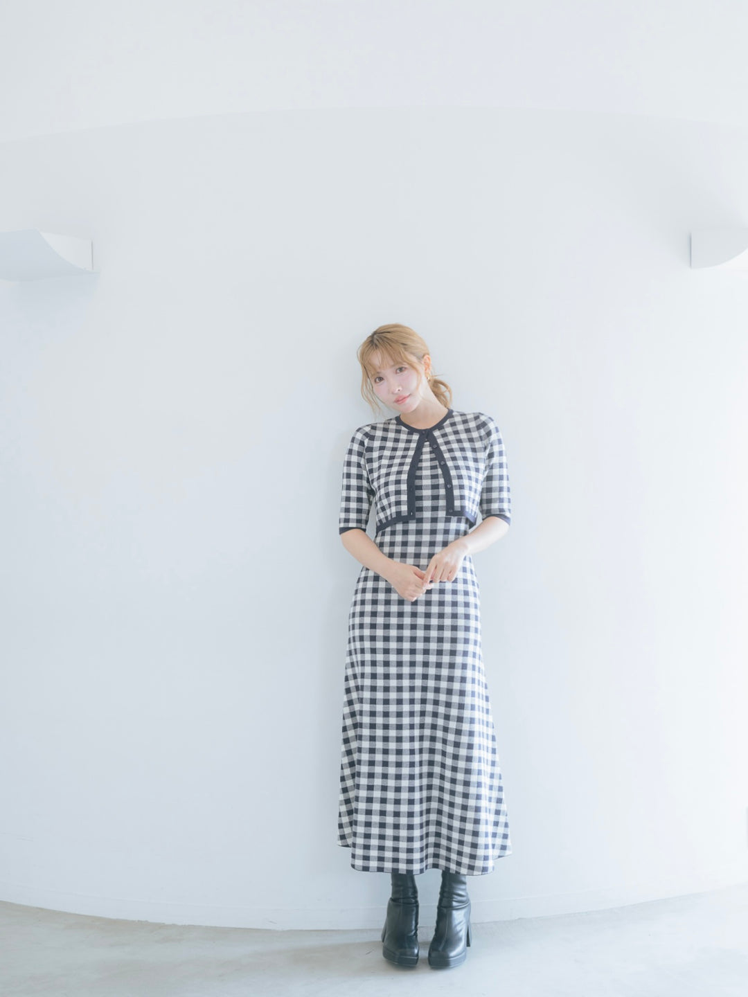 mistreass チェック ロングワンピース Gingham Check Knit Dress & Cardigan - MISTREASS