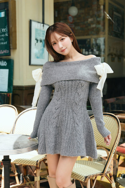 【10月上旬配送】Ribbon Off-Shoulder Cable Knit Dress