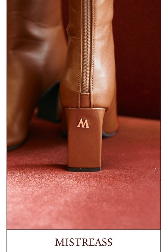 Logo Accent Square Toe Long Boots
