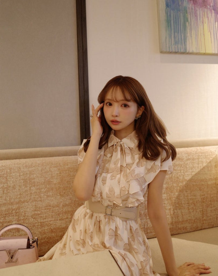 Ribbon Pattern Raffle Shirt Dress With Belt - MISTREASS
