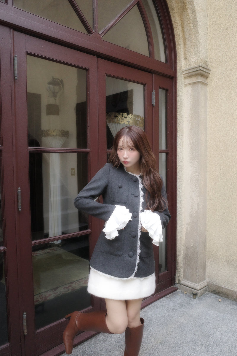 【10月中旬配送】Lace Trim Ruffle Sleeve Jacket