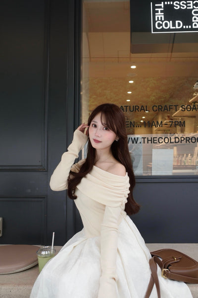 Off-Shoulder Knit & Jacquard Long Dress