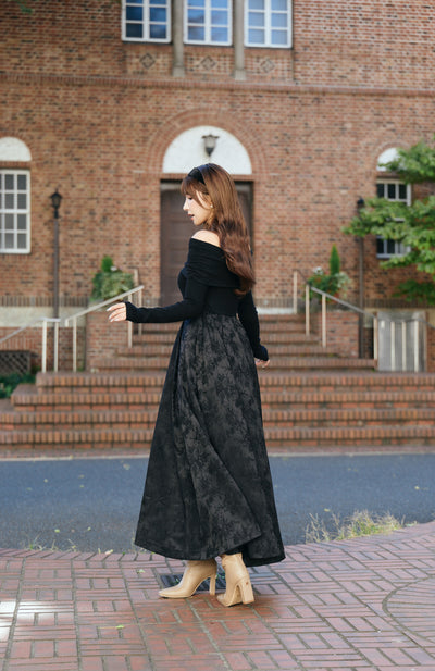 Off-Shoulder Knit & Jacquard Long Dress