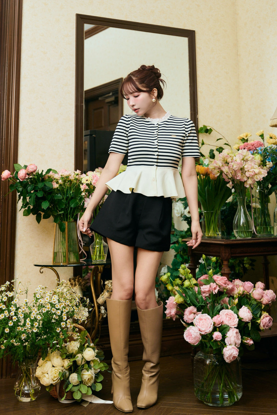 k*o様 ミストレアス　Chiffon-trim peplum knit ボーダ Chiffon-trim peplum knit - MISTREASS