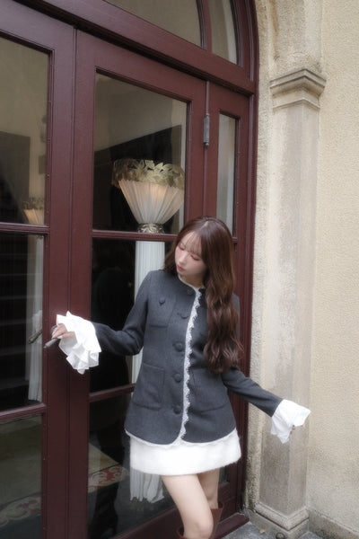 【10月中旬配送】Lace Trim Ruffle Sleeve Jacket