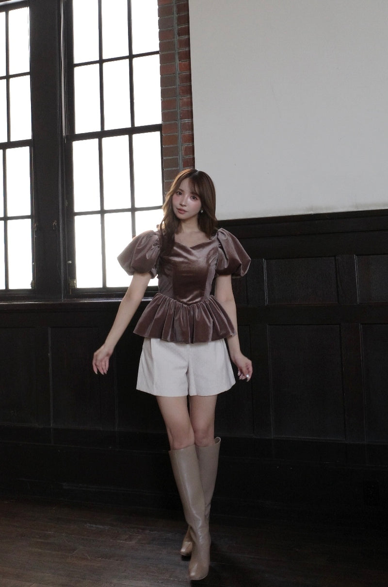 【9月下旬配送】Velour Balloon Sleeve Peplum Top