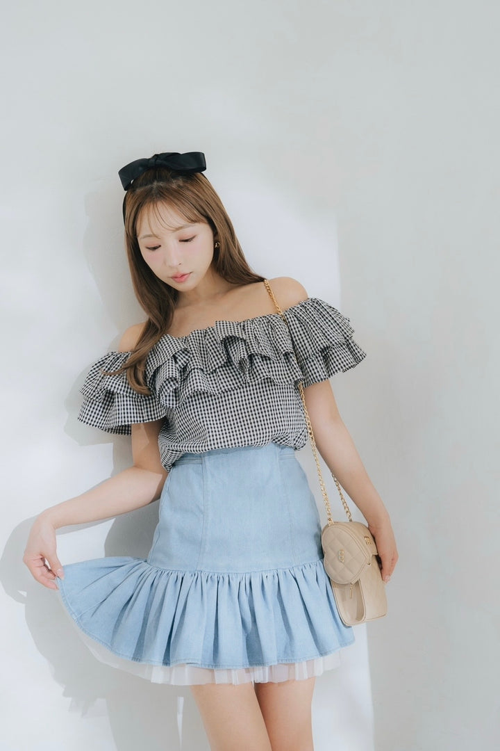 ミストレアス ShirringRibbonHemRaceMiniSkirt Sheer Hem Denim Mini Skirt - MISTREASS