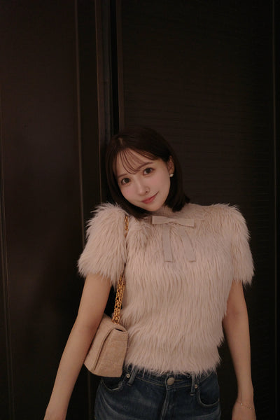 【10月上旬配送】Fluffy Ribbon Puff Knit Top