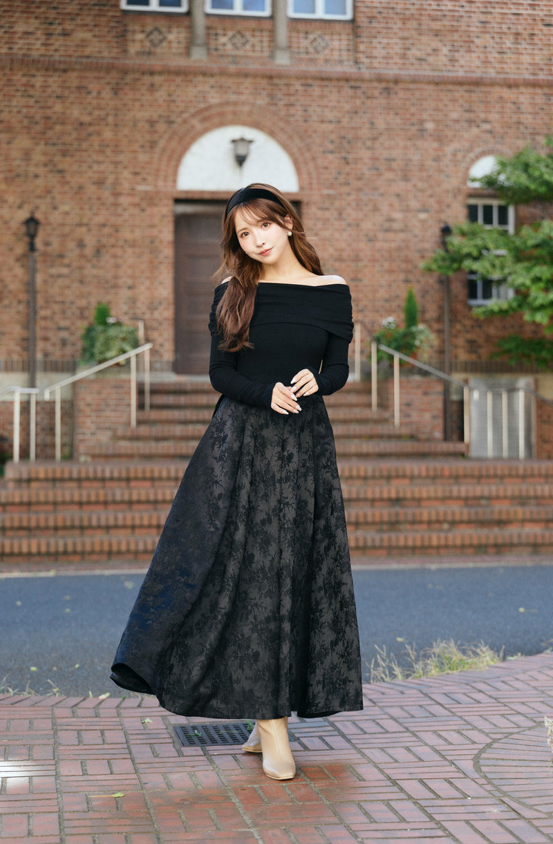 Off-Shoulder Knit & Jacquard Long Dress