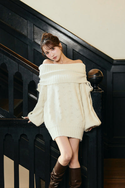 Sweet Ribbon Off-Shoulder Knit Dress