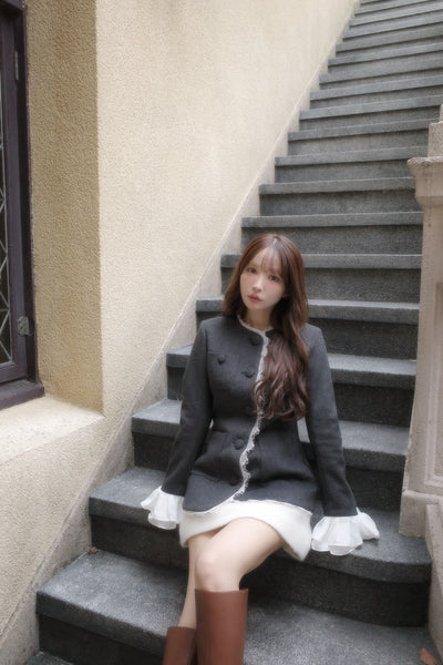 【10月中旬配送】Lace Trim Ruffle Sleeve Jacket