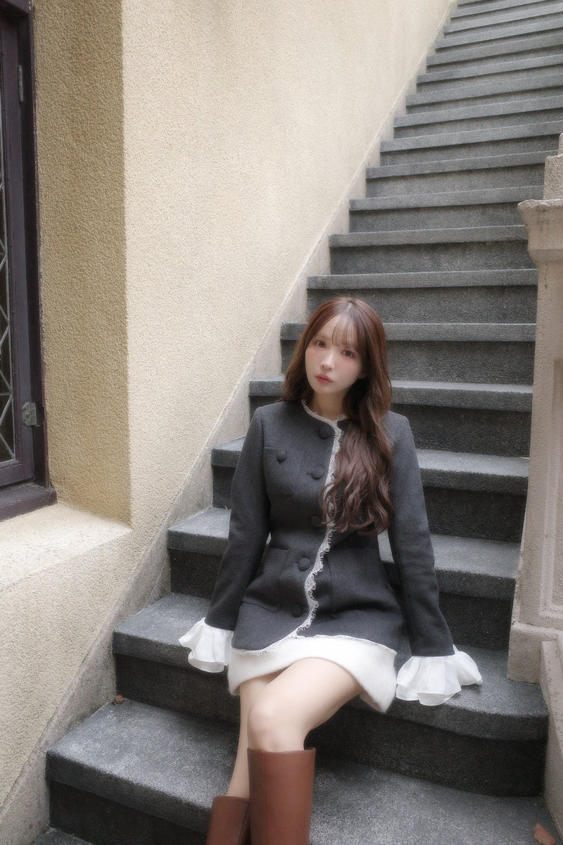 【10月中旬配送】Lace Trim Ruffle Sleeve Jacket
