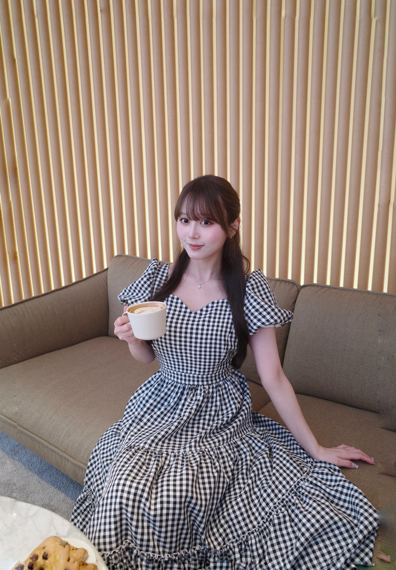 Gingham Check Heart Neck Tiered Dress