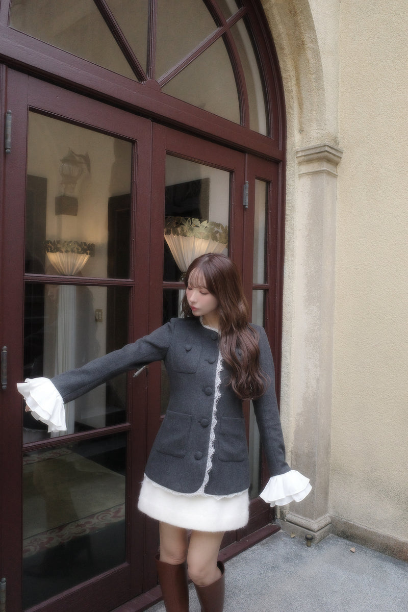 【10月中旬配送】Lace Trim Ruffle Sleeve Jacket