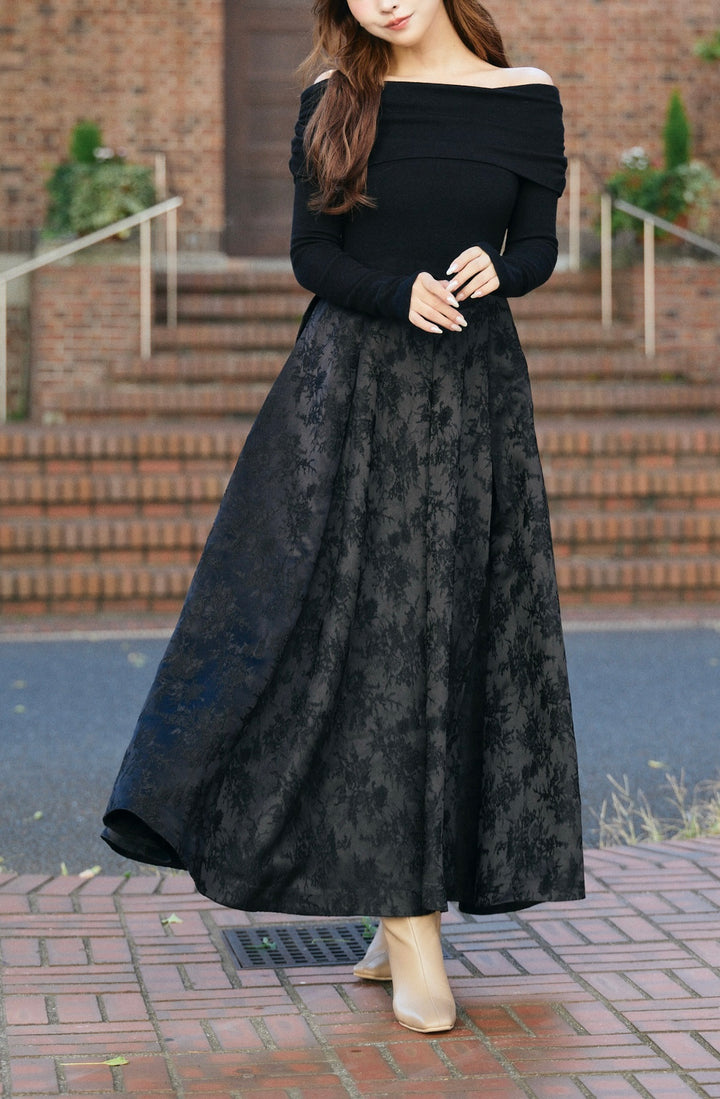 Off-Shoulder Knit & Jacquard Long Dress - MISTREASS