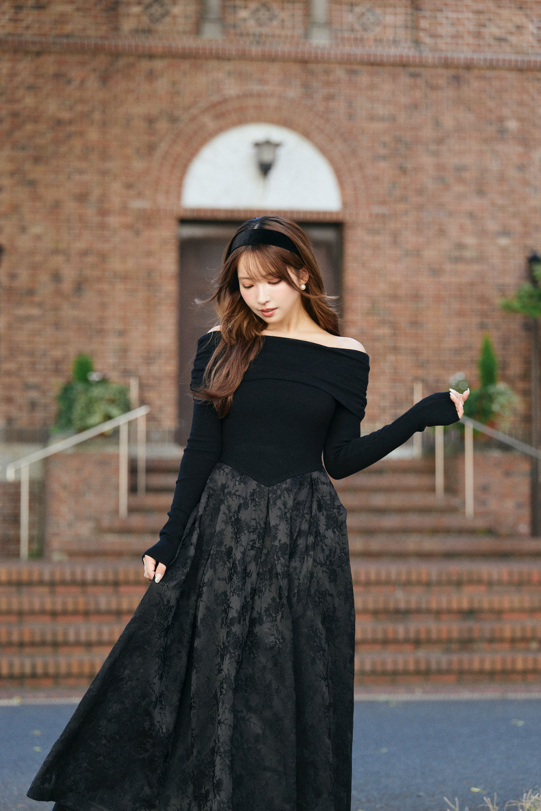 Off-Shoulder Knit & Jacquard Long Dress - MISTREASS