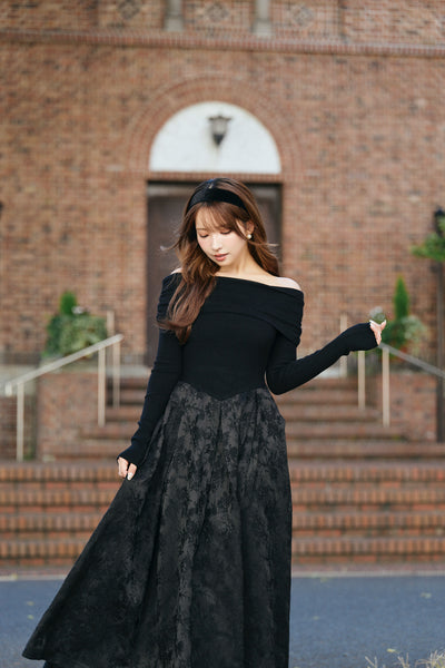Off-Shoulder Knit & Jacquard Long Dress