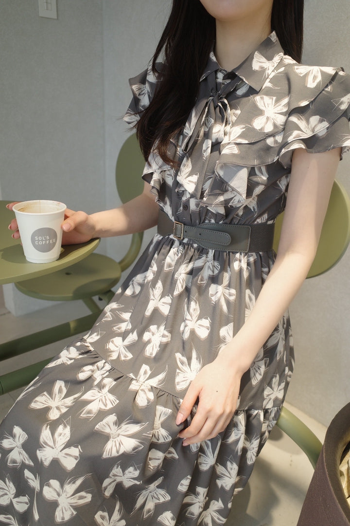 Ribbon Pattern Raffle Shirt Dress With Belt - MISTREASS