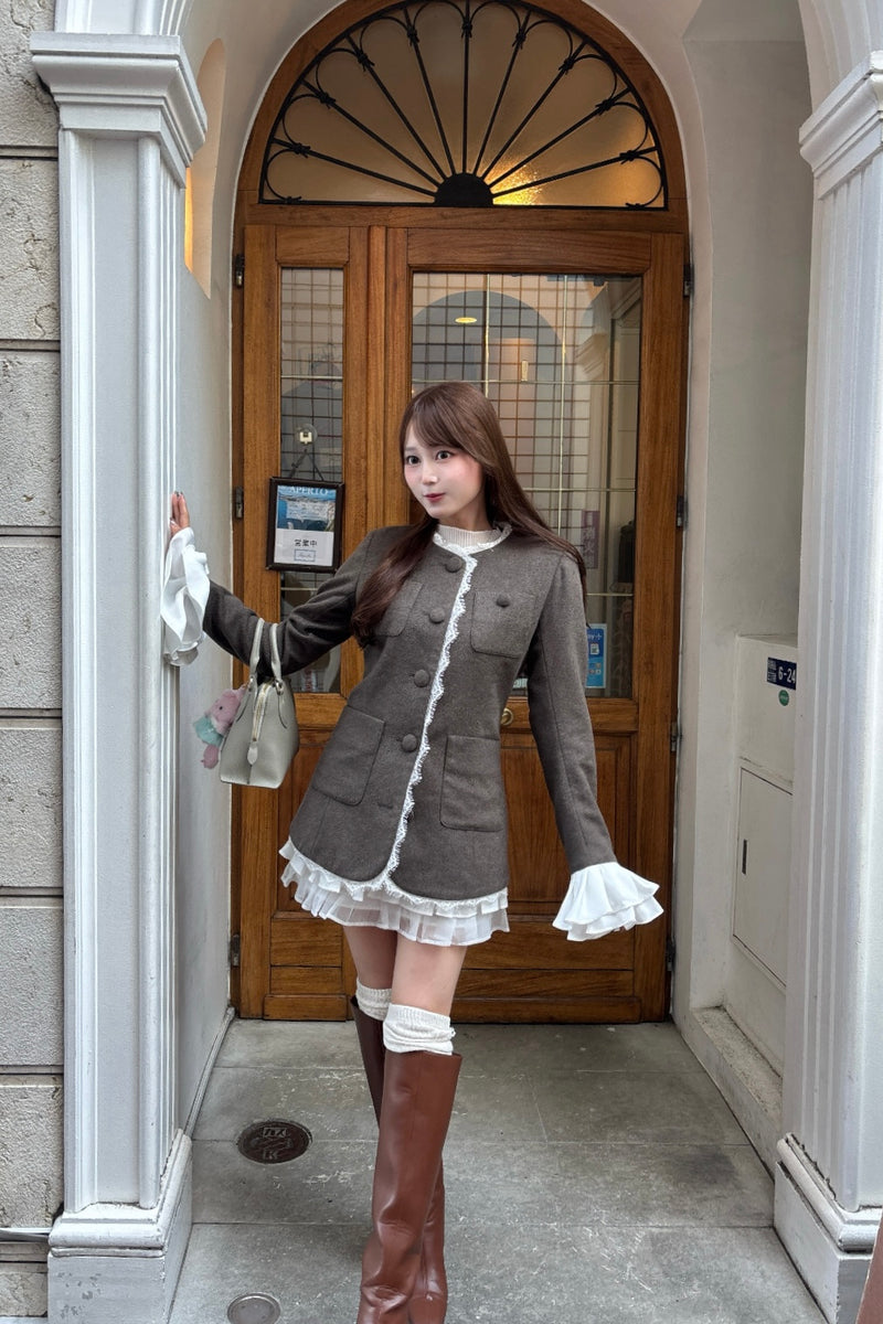【10月中旬配送】Lace Trim Ruffle Sleeve Jacket