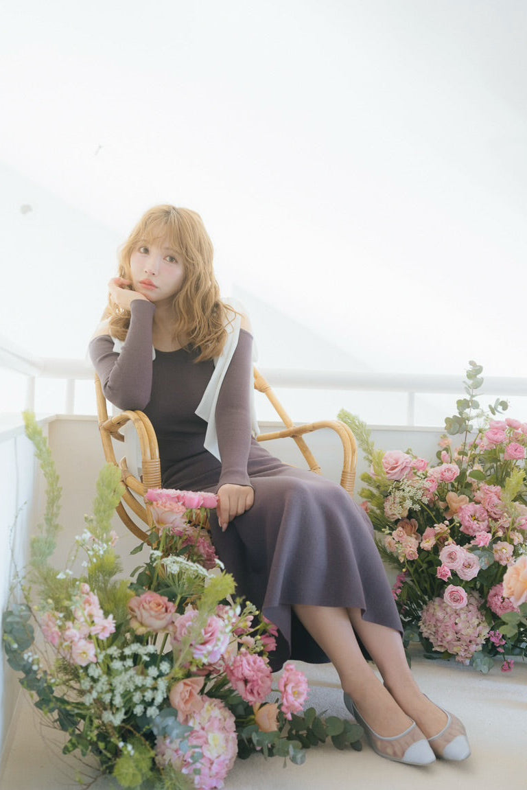 【3月中旬配送】Open Shoulder Ribbon Knit Dress