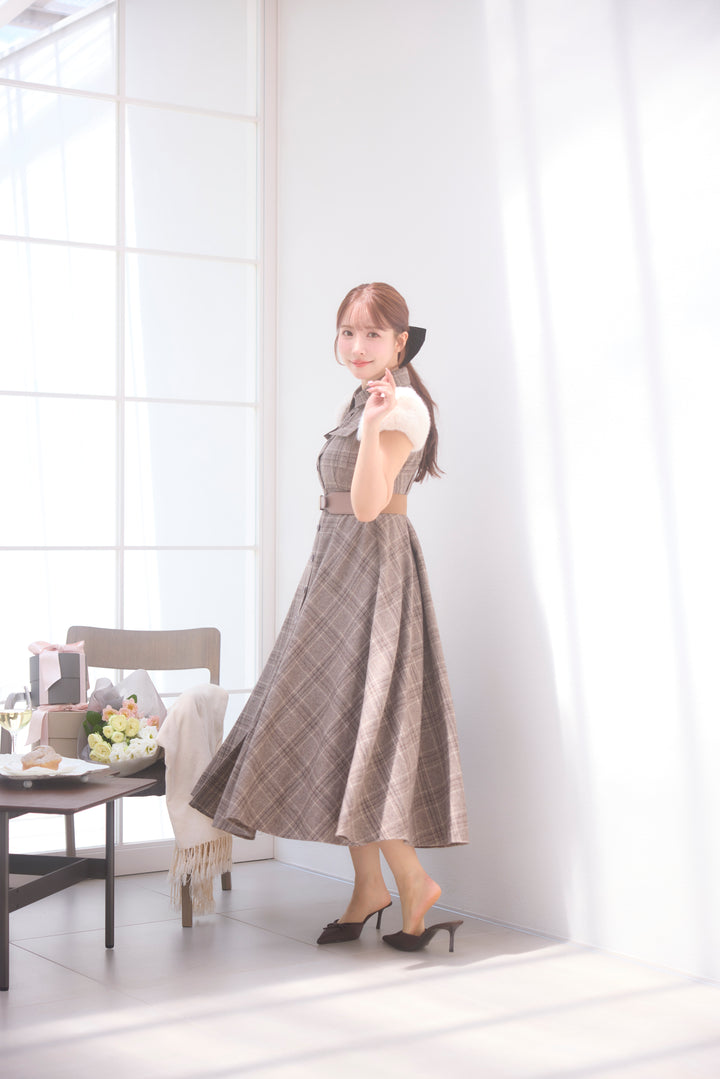 ミストレアス Fur Sleeve Plaid Shirt Dress Fur Sleeve Plaid Shirt Dress - MISTREASS