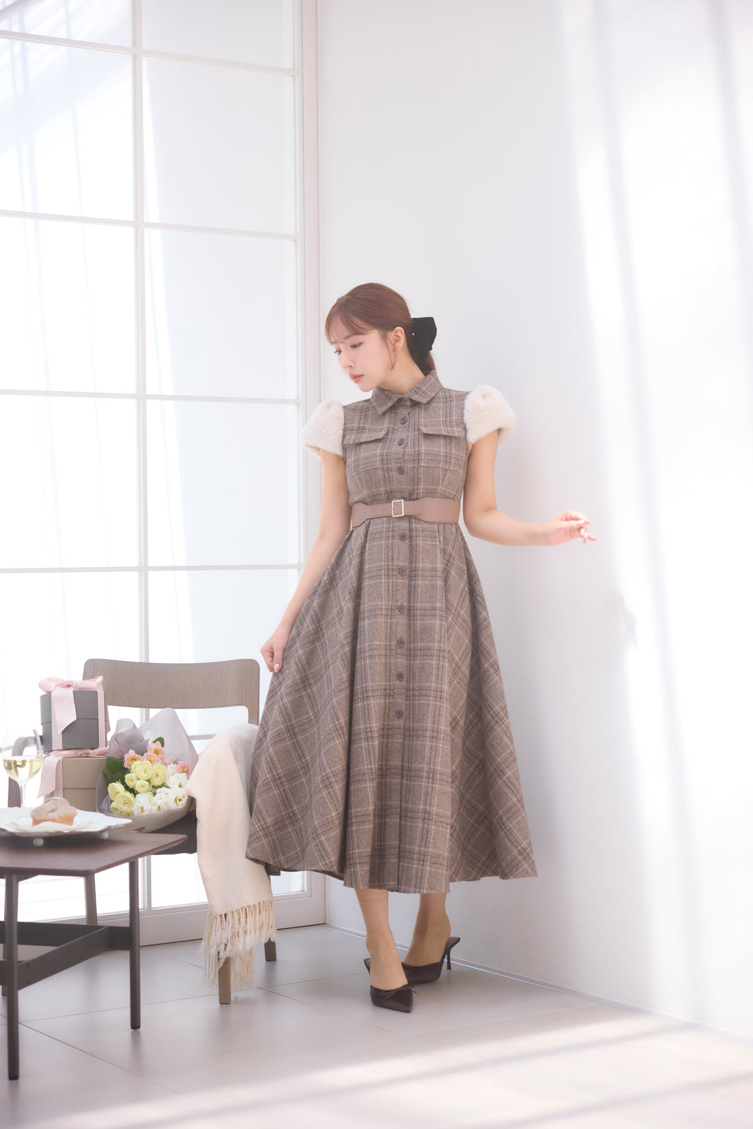 Fur Sleeve Plaid Shirt Dress - MISTREASS