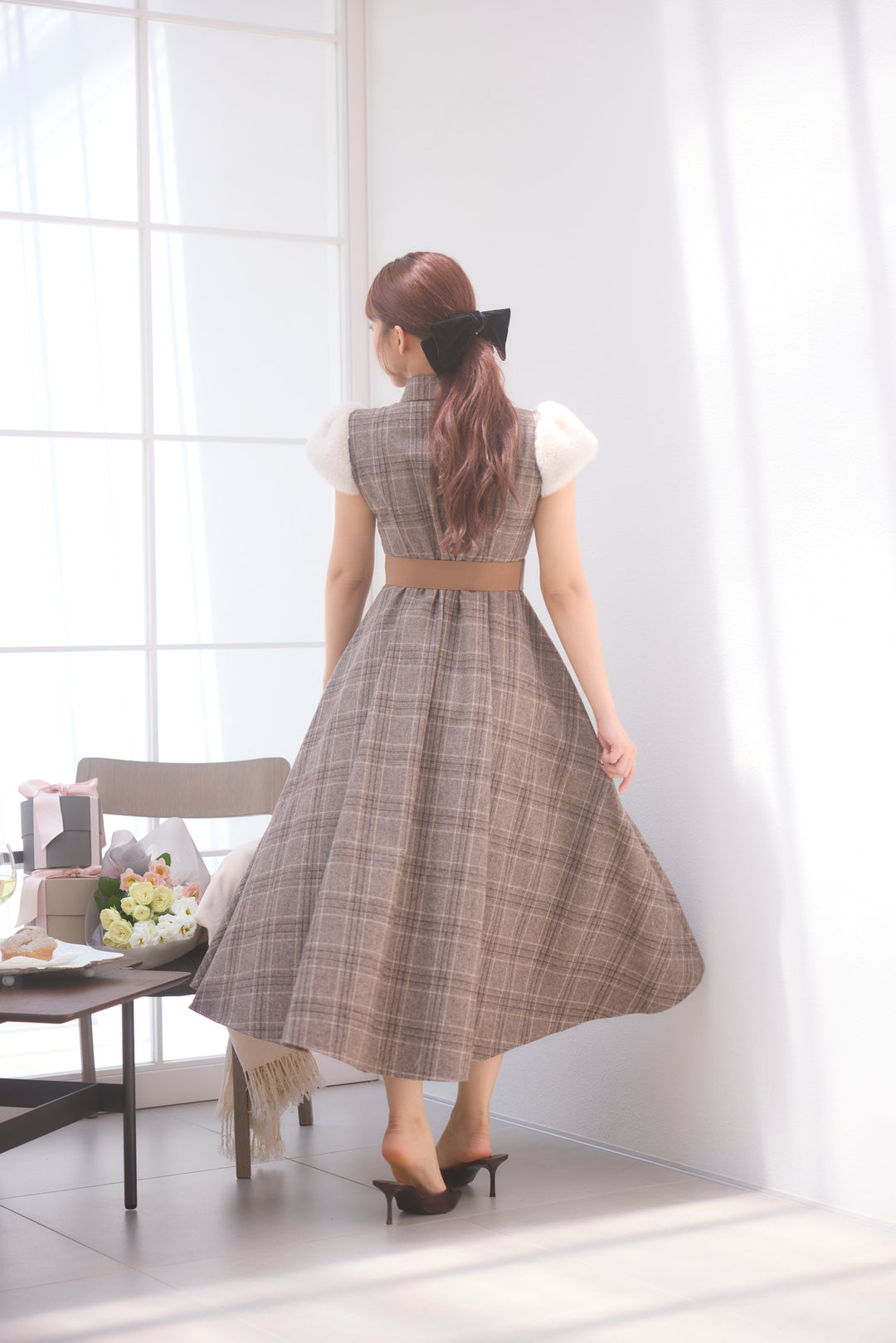 ワンピース mistreass Fur Sleeve Plaid Shirt Dress Fur Sleeve Plaid Shirt Dress - MISTREASS