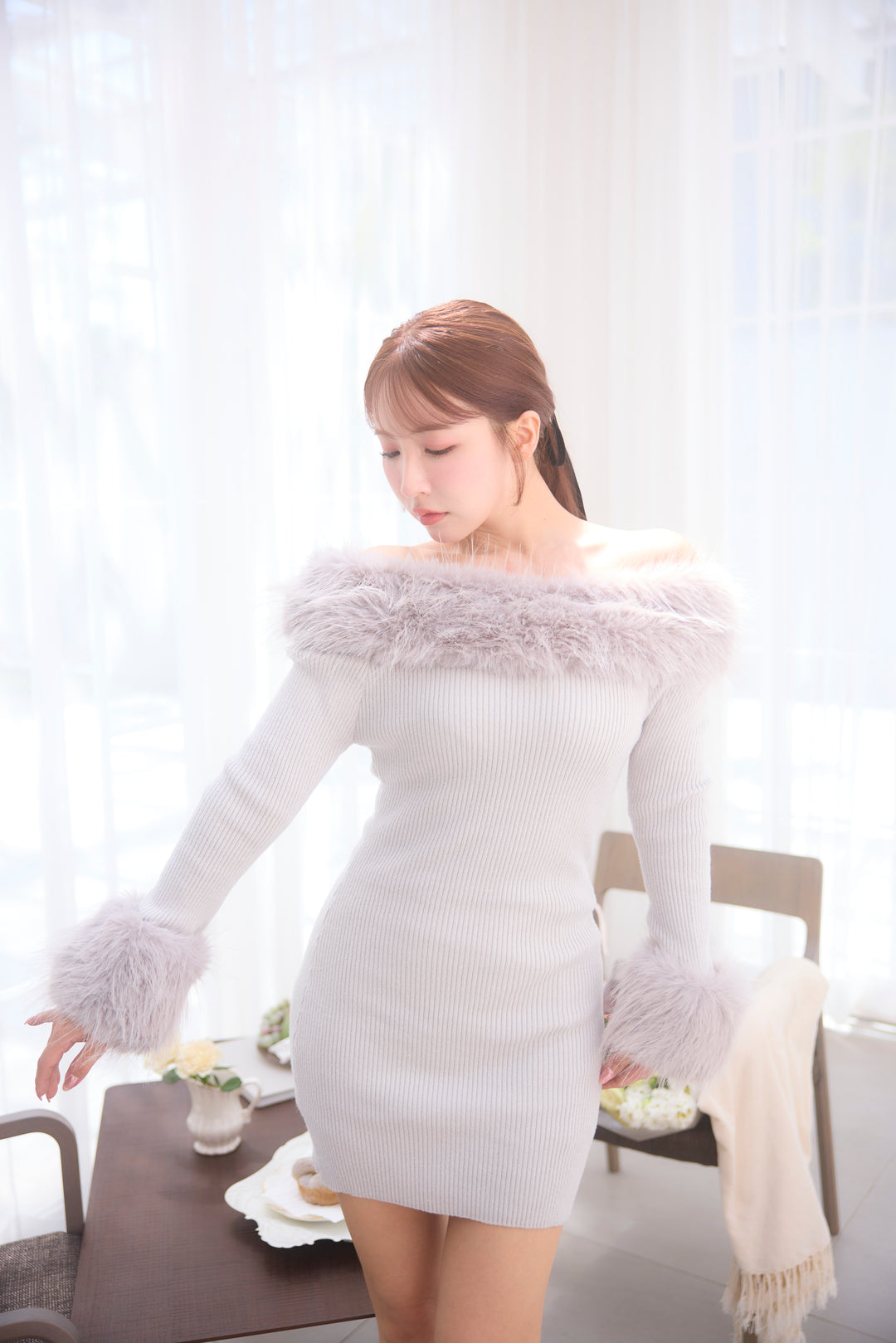 Fur Off Shoulder Knit Mini Dress - MISTREASS