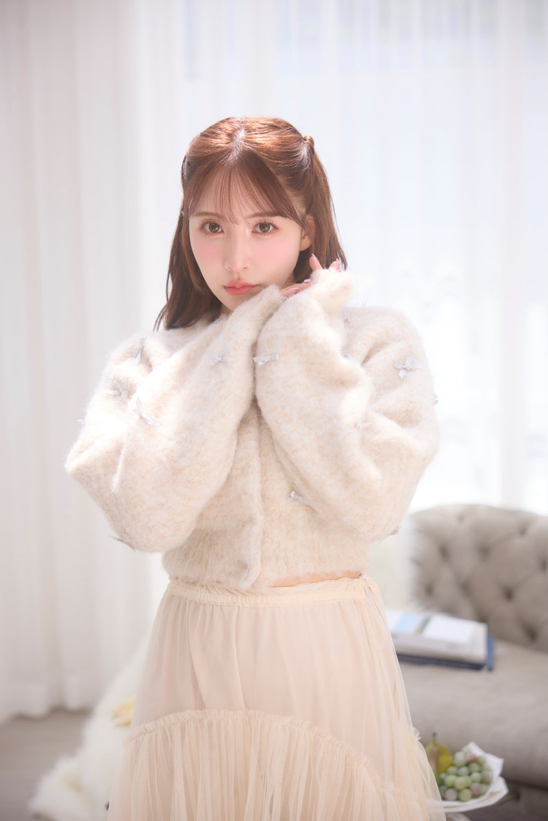 All Over Ribbon Fluffy Knit Cardigan