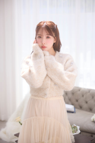 All Over Ribbon Fluffy Knit Cardigan