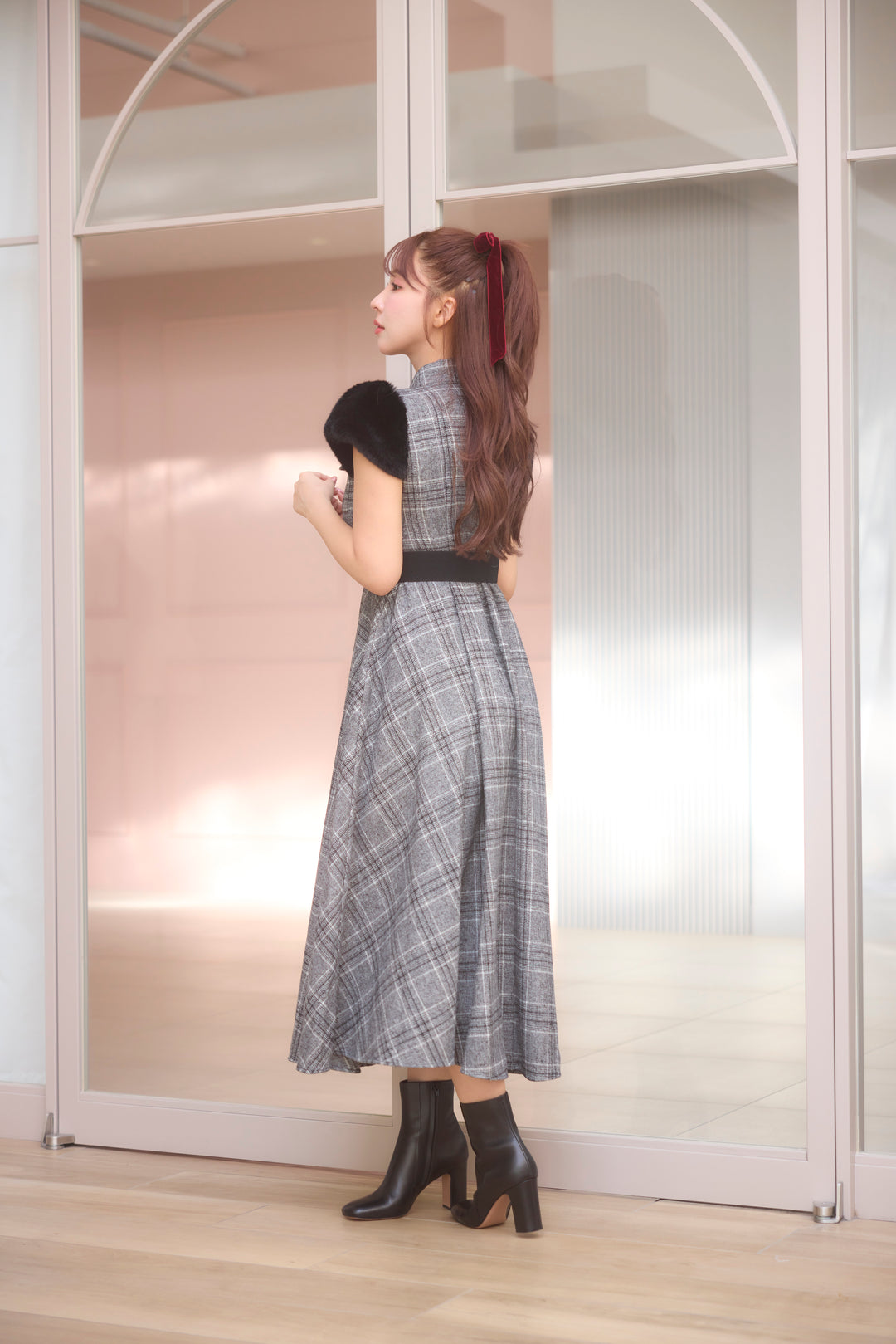 MISTREASS Fur Sleeve Plaid Shirt Dress