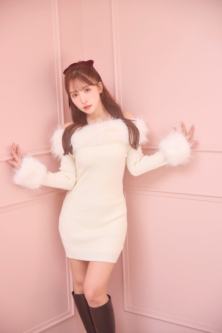 Fur Off Shoulder Knit Mini Dress - MISTREASS