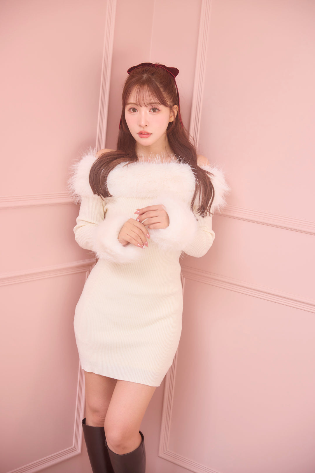 Fur Off Shoulder Knit Mini Dress - MISTREASS