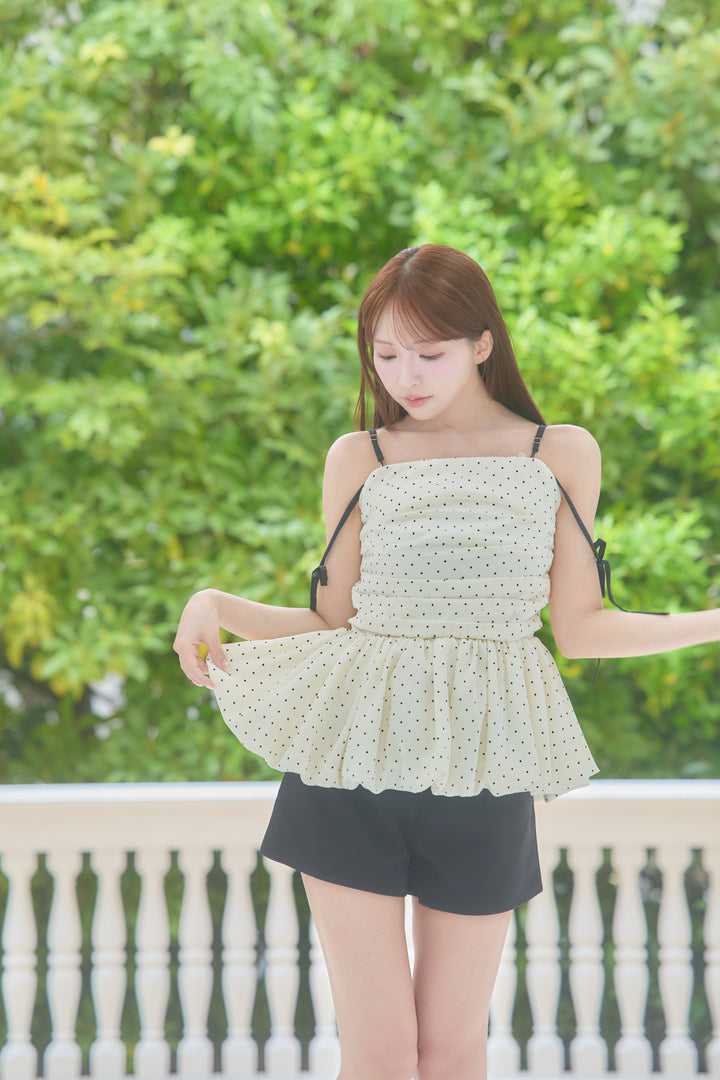 再入荷：7月中旬配送】Polka Dot Peplum Ribbon Top - MISTREASS