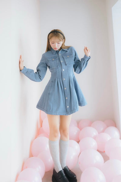 Pin Tuck Denim Mini Shirt Dress