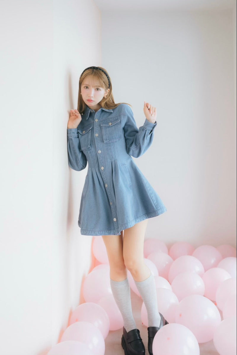 Pin Tuck Denim Mini Shirt Dress