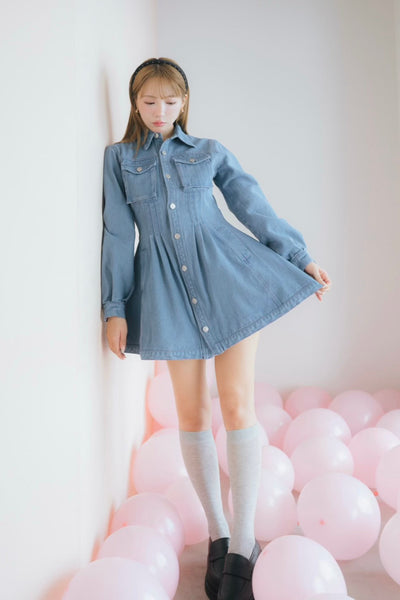 【2月下旬配送】Pin Tuck Denim Mini Shirt Dress